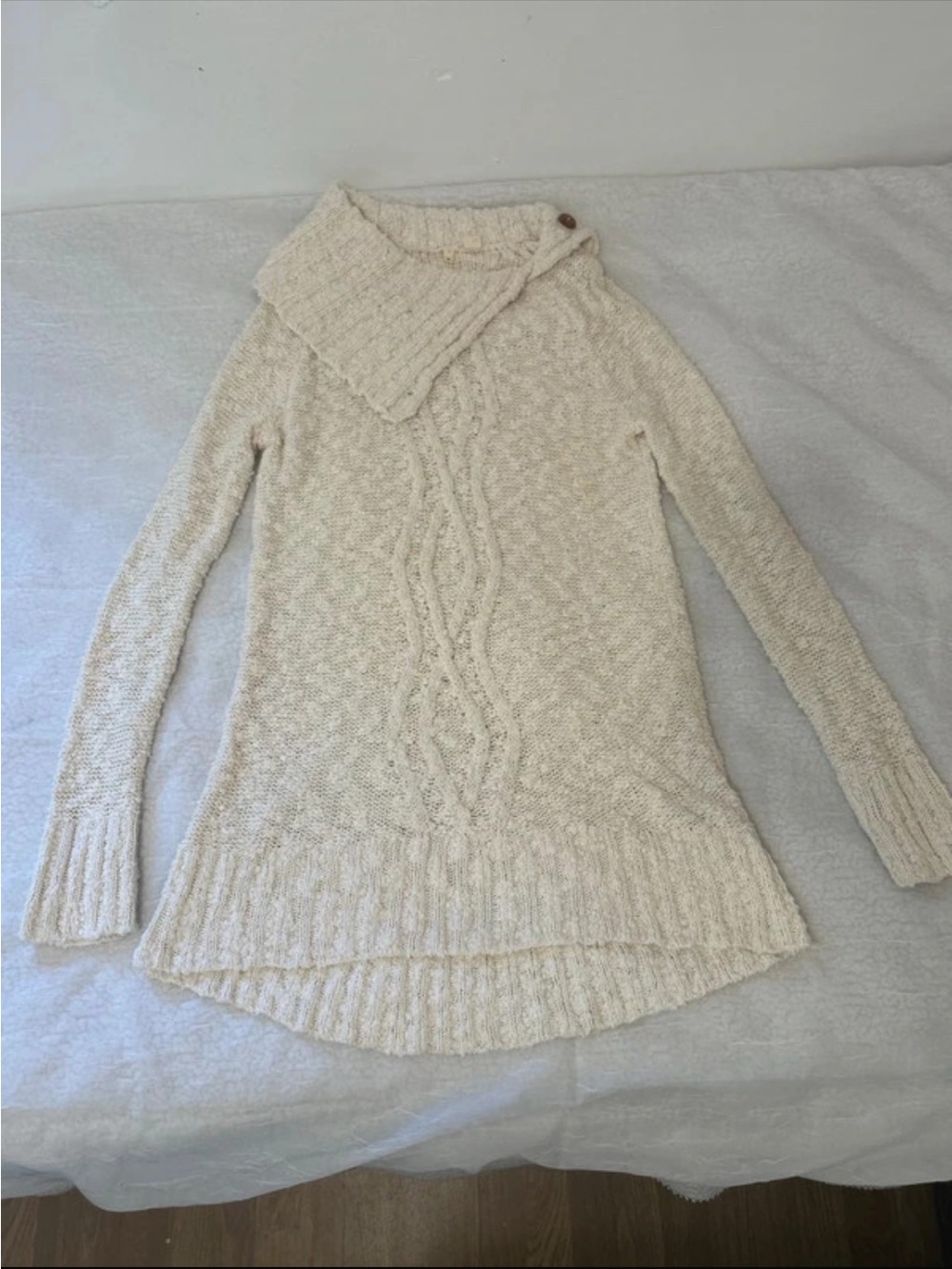 Moth Cream Cable-Knit Asymmetrical Button Turtleneck Sweater